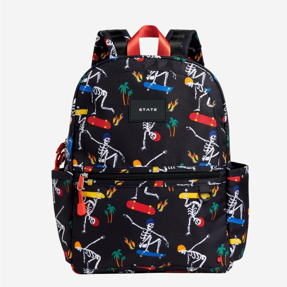 Kane STATE Black Backpack with Colorful Skeleton Skateboard Design NWT